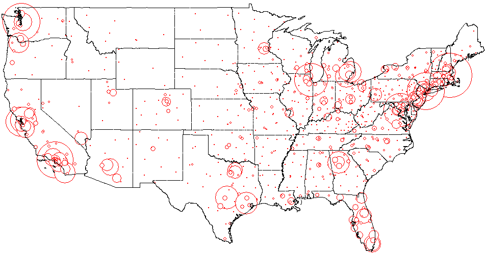 Figure 1: Distribution of US blogs. Size of circles represents number of bloggers